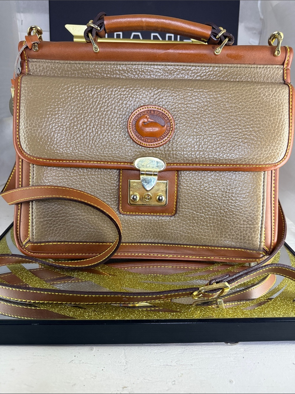 Dooney & Bourke Gold and Tan Pebbled Leather Satchel with Strap